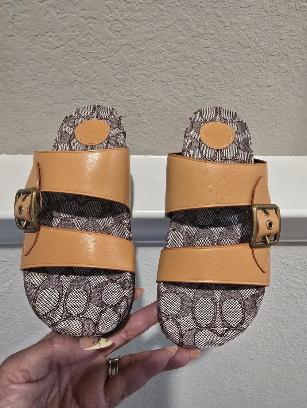 Coach Women's Tan Double-Band Slide Sandals